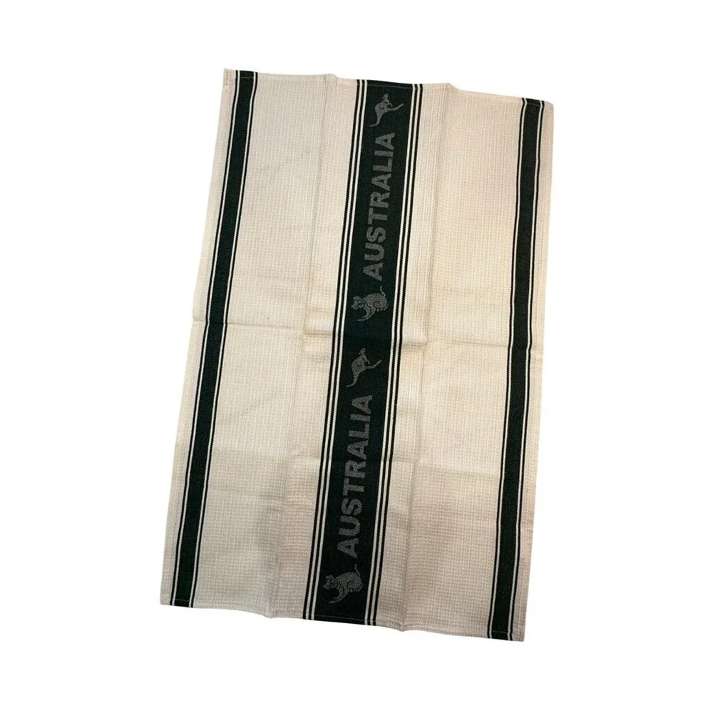 Australia Souvenir TeaTowel Green White Waffle Weave Kangaroo Kitchen Dish Cloth